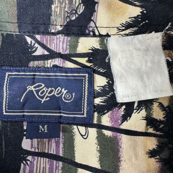 Vtg Roper Button Up Shirt Mens Sz M Cowboys Palm Trees Sunset Graphic Hawaiian - Picture 3 of 11